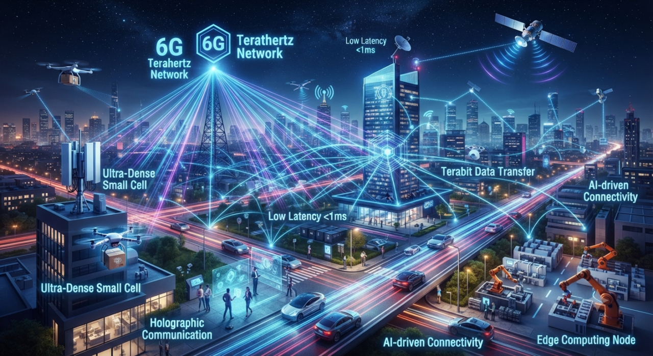 Ilustrasi visualisasi jaringan 6G berbasis spektrum Terahertz untuk konektivitas masa depan
