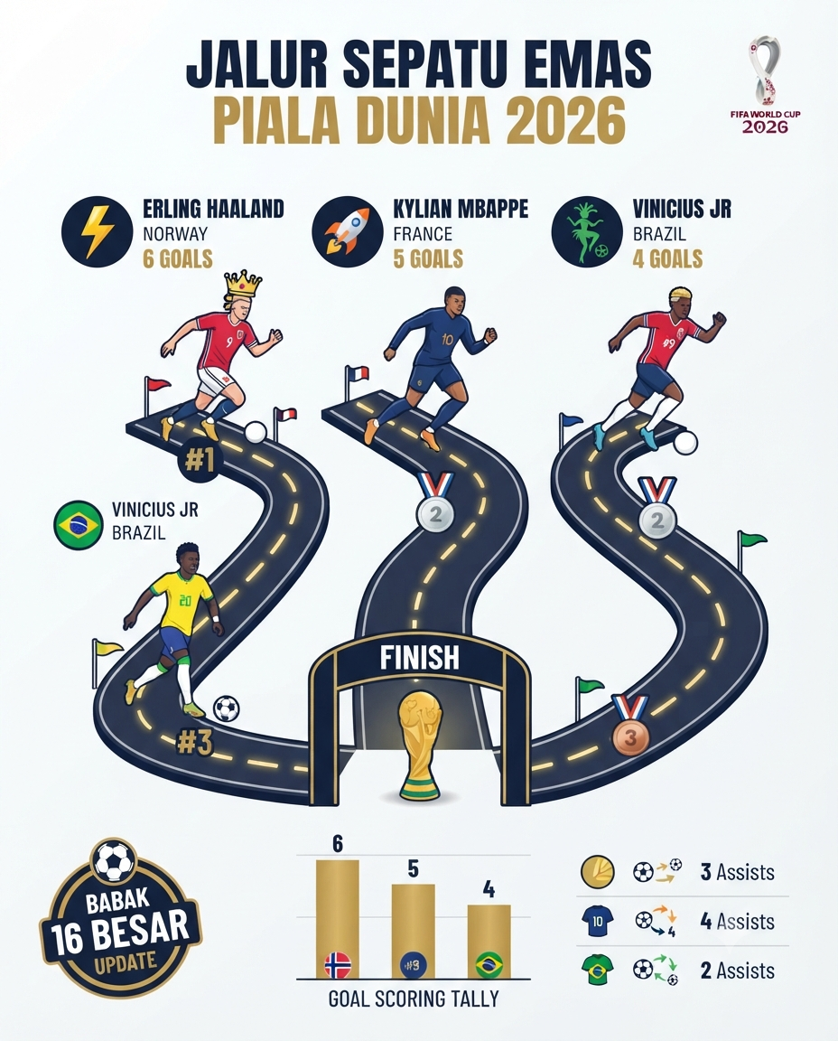 Infografis top skor piala dunia 2026 sementara Haaland Mbappe Vinicius Jr babak 16 besar