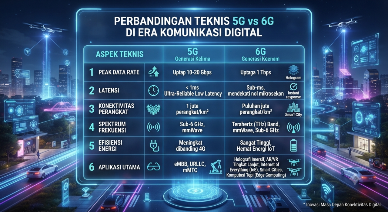 Tabel perbandingan teknis antara kecepatan 5G dan 6G di era komunikasi digital.