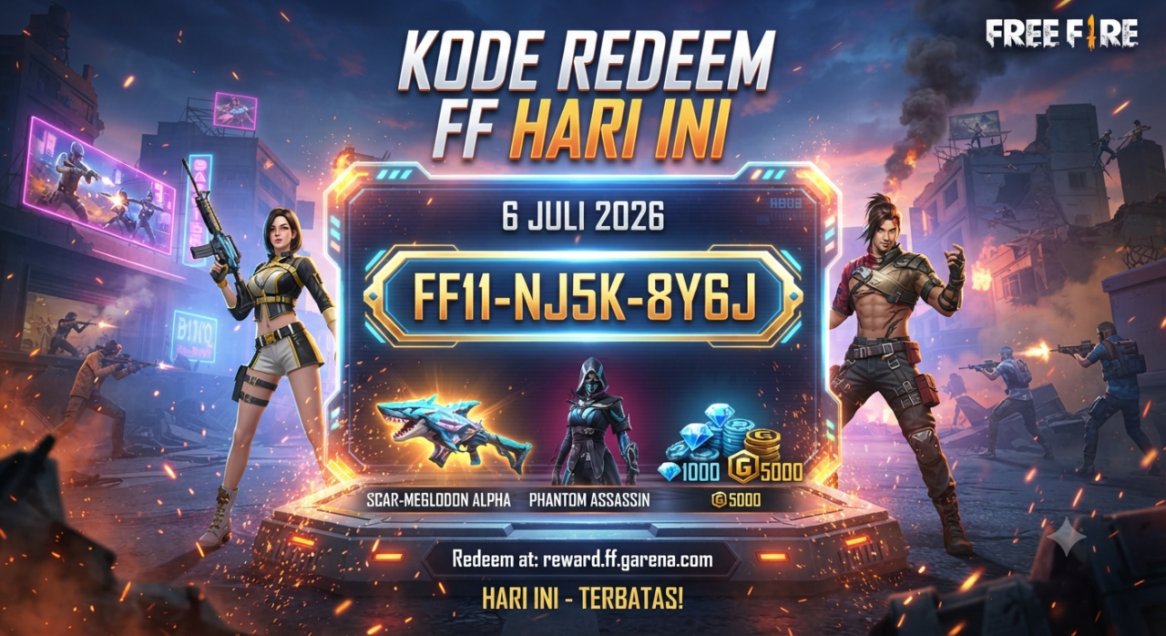 Ilustrasi hadiah dan kode redeem resmi Free Fire per 6 Juli 2026