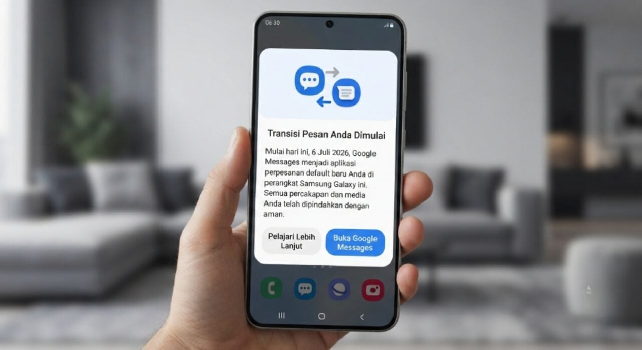Cuplikan layar notifikasi transisi dari Samsung Messages ke Google Messages