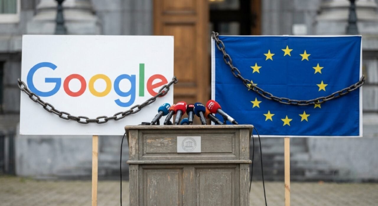 Logo Google dan bendera Uni Eropa berdampingan sebagai simbol sengketa hukum
