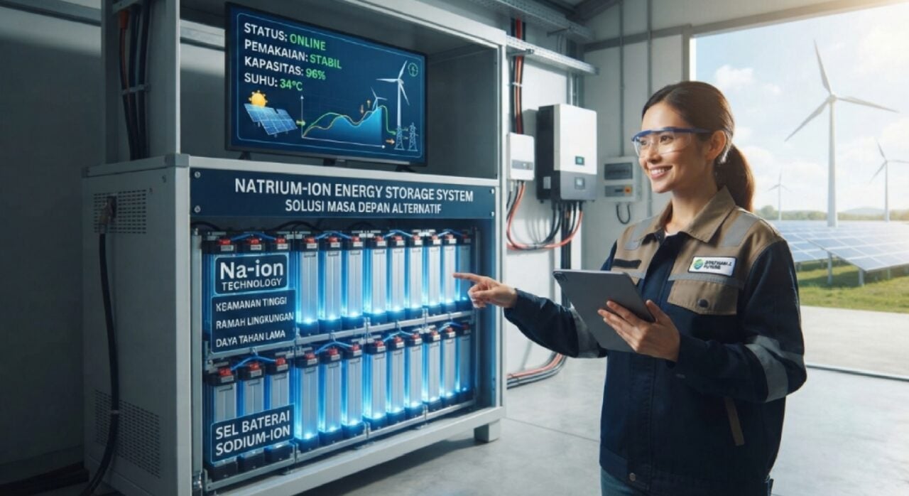 Ilustrasi teknologi baterai sodium-ion sebagai alternatif masa depan untuk penyimpanan energi