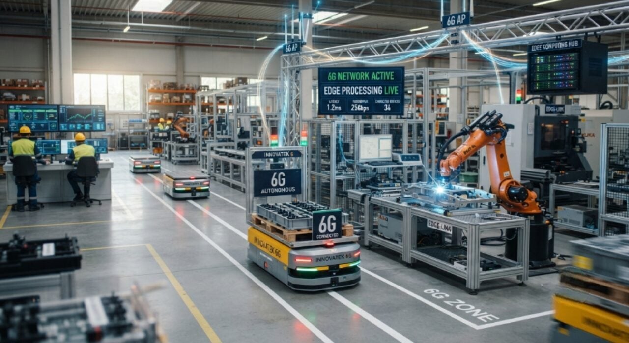 Kendaraan otonom dan robotika industri yang saling terhubung melalui konektivitas 6G dan pemrosesan edge