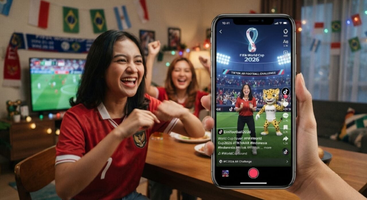 Ilustrasi fitur AR dan konten interaktif bertema Piala Dunia 2026 di aplikasi TikTok
