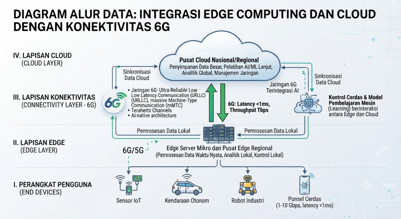Diagram alur data yang menunjukkan integrasi antara edge computing dan pusat cloud dengan dukungan konektivitas 6G.
