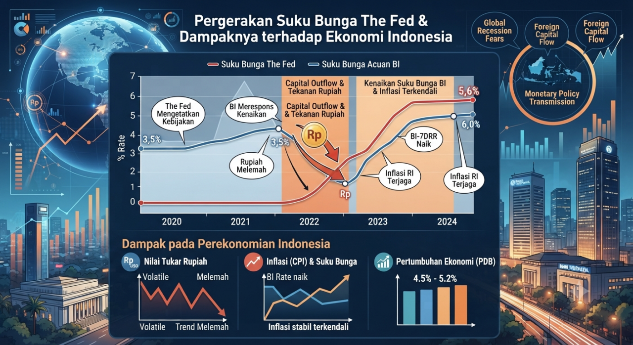 Ilustrasi grafik pergerakan suku bunga dan dampak kebijakan The Fed terhadap ekonomi Indonesia