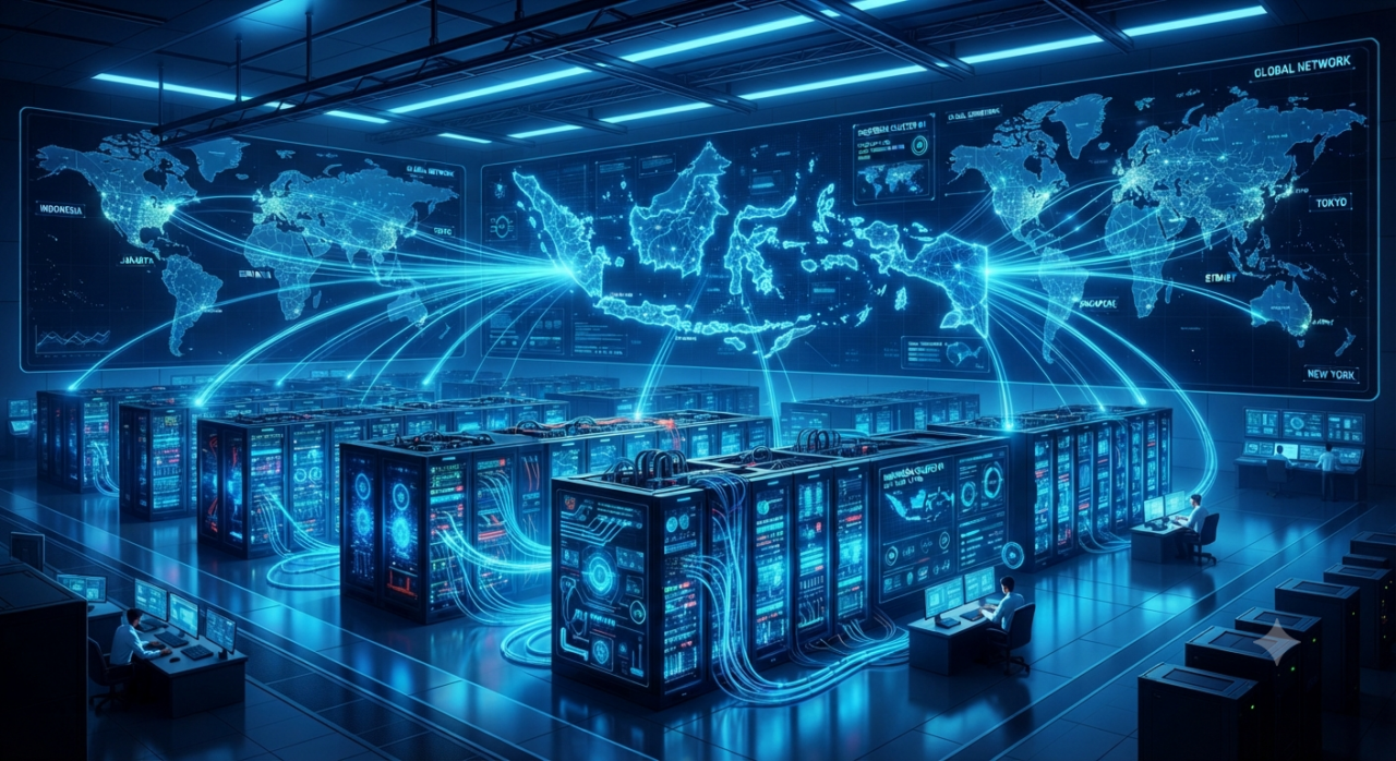 Ilustrasi visualisasi pusat data (data center) modern dengan lampu biru futuristik yang mewakili 'compute cluster', dengan