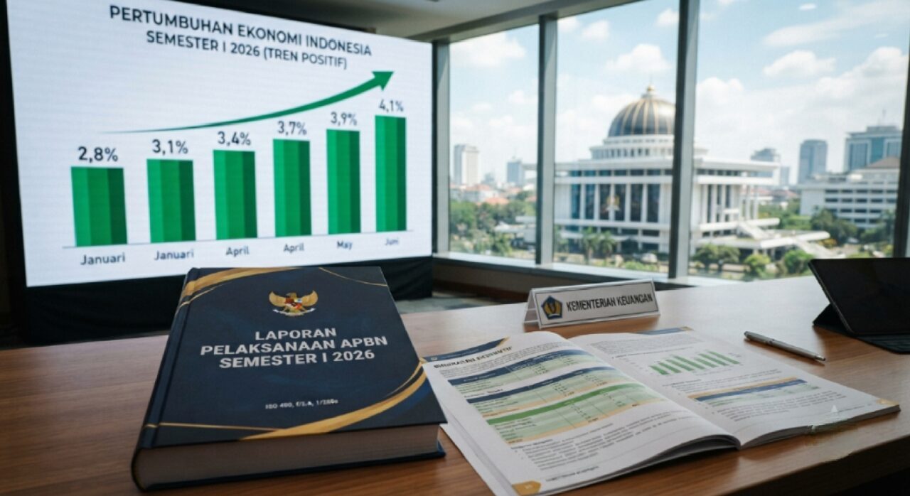 Ilustrasi dokumen Laporan Pelaksanaan APBN Semester I 2026 dengan latar belakang grafik batang hijau yang menunjukkan tren