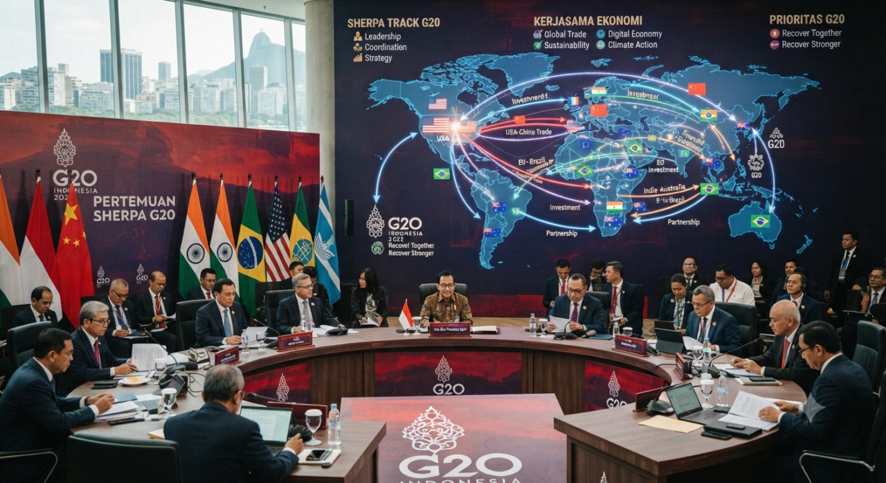 Suasana Pertemuan Sherpa G20 dan ilustrasi kerja sama ekonomi antarnegara anggota G20