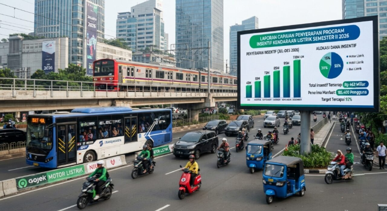 Ilustrasi berbagai moda transportasi dan grafik capaian penyerapan program insentif Semester II 2026