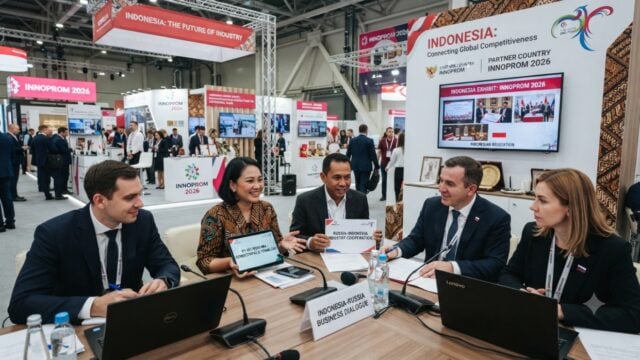 Paviliun Indonesia di pameran INNOPROM 2026 dan suasana pertemuan bisnis antara pelaku industri Indonesia serta Rusia