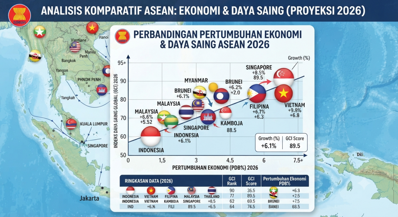 Ilustrasi grafik perbandingan pertumbuhan ekonomi dan indeks daya saing negara-negara ASEAN tahun 2026 dengan latar belakang