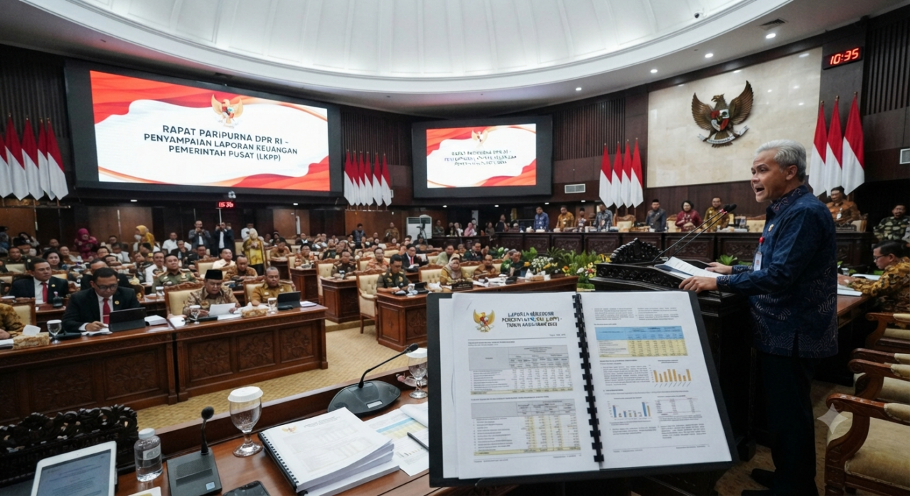 Suasana Rapat Paripurna DPR RI dan ilustrasi dokumen laporan keuangan negara
