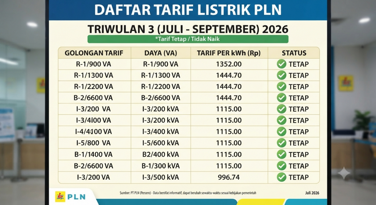 Daftar tarif listrik pln juli september 2026 triwulan 3 tidak naik per kwh
