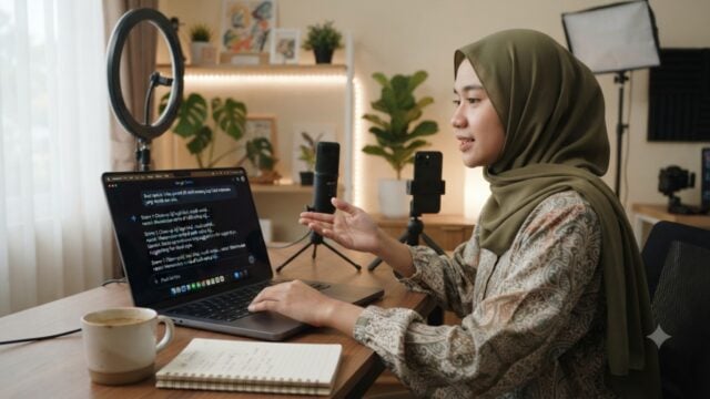 Pengguna sedang berdiskusi dengan di laptop untuk menyusun naskah video konten kreatif