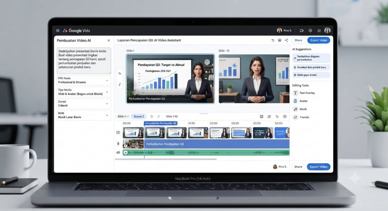 Tampilan antarmuka Google Vids yang menunjukkan proses pembuatan video berbasis AI untuk kebutuhan presentasi bisnis.