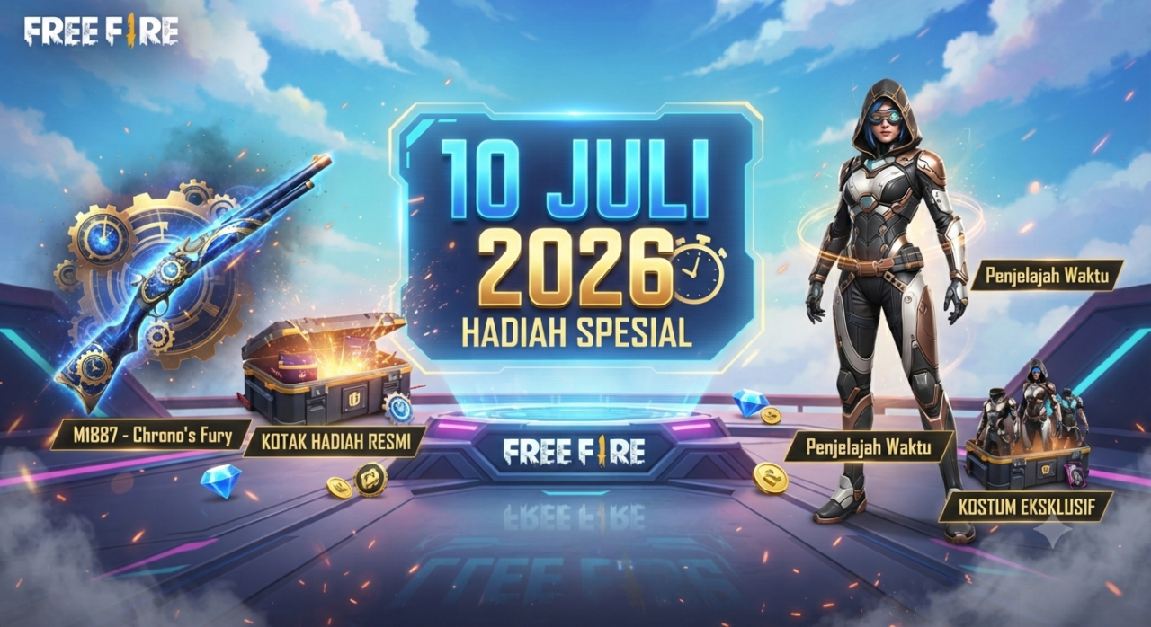 Ilustrasi hadiah skin senjata, kostum, dan kotak hadiah resmi Free Fire untuk 10 Juli 2026