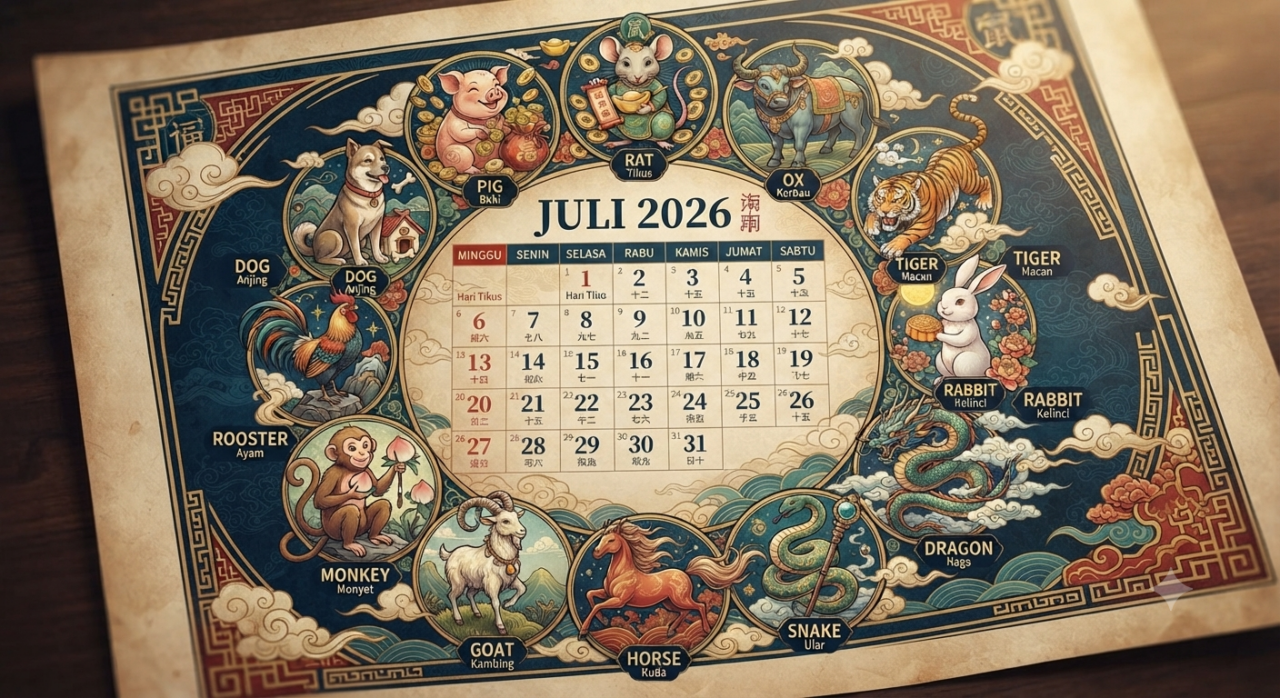 Ilustrasi dua belas simbol shio zodiak Tionghoa dengan latar kalender Juli 2026