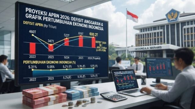 Ilustrasi grafik defisit APBN 2026 dengan latar Gedung Kementerian Keuangan, uang rupiah, dan grafik pertumbuhan ekonomi