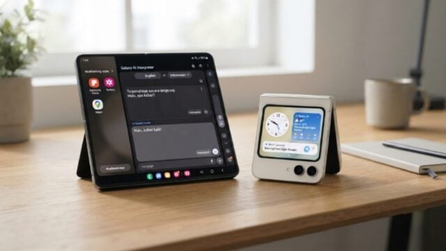 Ilustrasi Samsung Galaxy Z Fold 8 dan Galaxy Z Flip 8 dengan tampilan antarmuka Galaxy AI terbaru