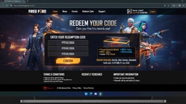 Tampilan antarmuka situs resmi penukaran hadiah Free Fire dengan kode redeem aktif tanggal 19 Juli 2026
