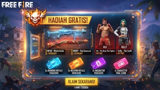 logo game Free Fire beserta tampilan berbagai hadiah menarik seperti skin senjata, karakter, dan voucher