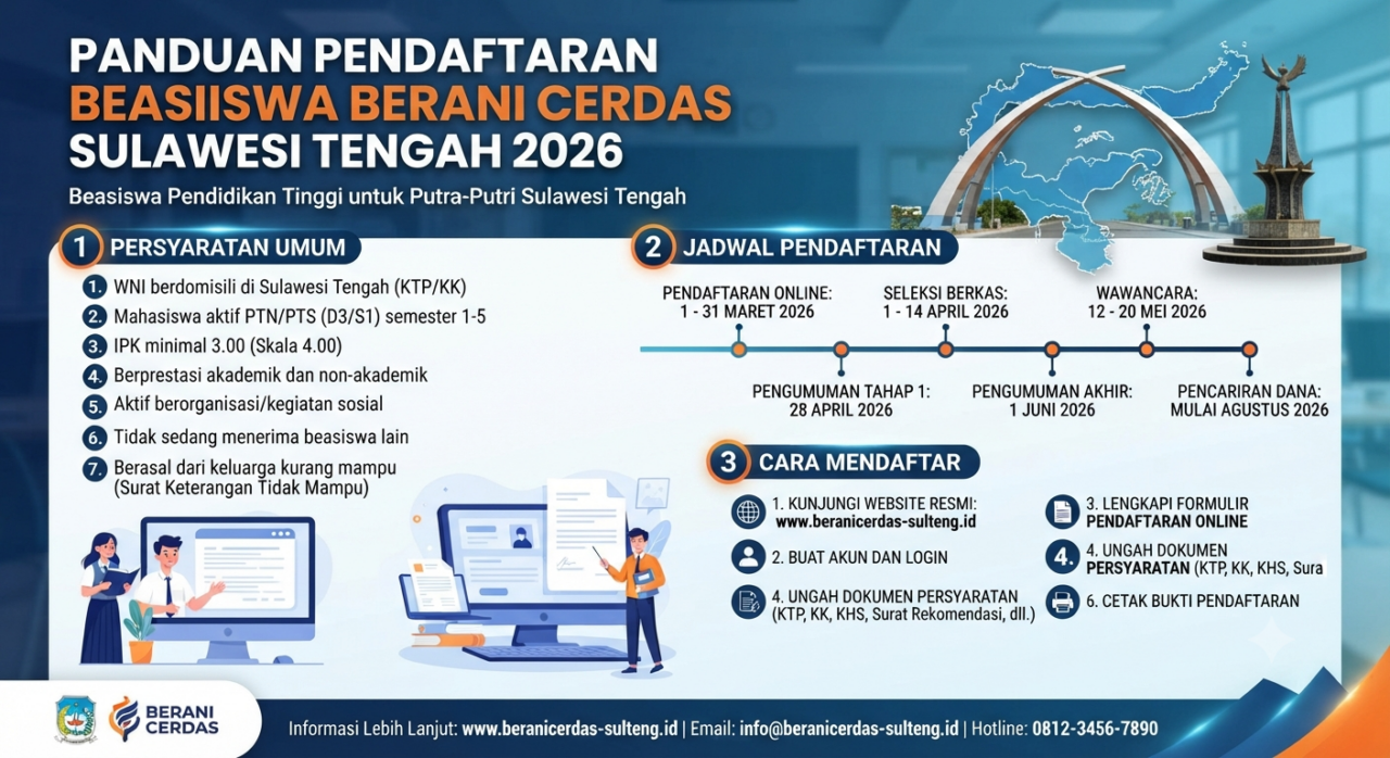 Infografis cara daftar beasiswa berani cerdas 2026 Sulawesi Tengah syarat dan jadwal