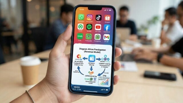 tampilan ponsel dengan berbagai ikon aplikasi gratis dan diagram aliran pendapatan berupa iklan, dompet digital, serta
