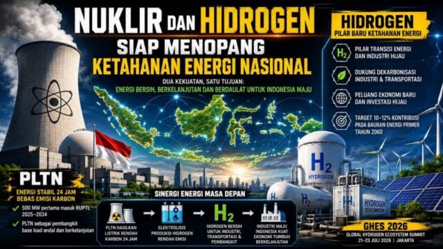 Ilustrasi konsep Pembangkit Listrik Tenaga Nuklir (PLTN) dan fasilitas produksi hidrogen hijau dengan latar peta Indonesia