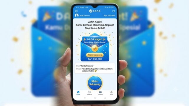 Tampilan antarmuka aplikasi DANA yang menampilkan fitur amplop DANA Kaget berwarna biru cerah dengan saldo yang siap diklaim