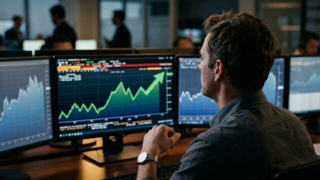 Grafik tren kenaikan indeks harga saham gabungan di layar trading