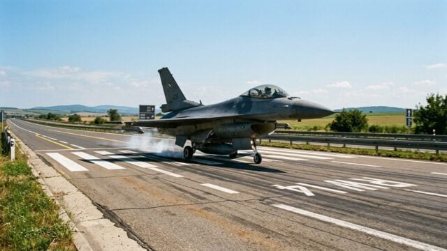 Pesawat tempur F-16 TNI AU melakukan uji coba pendaratan di ruas jalan tol Terpeka