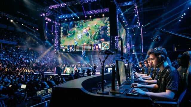 Panggung turnamen e-sports internasional dengan layar besar dan pencahayaan futuristik