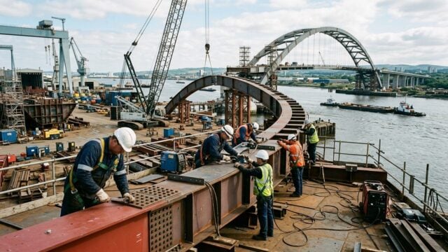 Perakitan lengkungan baja jembatan pejalan kaki 3.400 ton di galangan kapal Dai Dung, HCMC