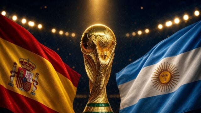 Trofi Piala Dunia dengan bendera Spanyol dan Argentina jelang final 2026