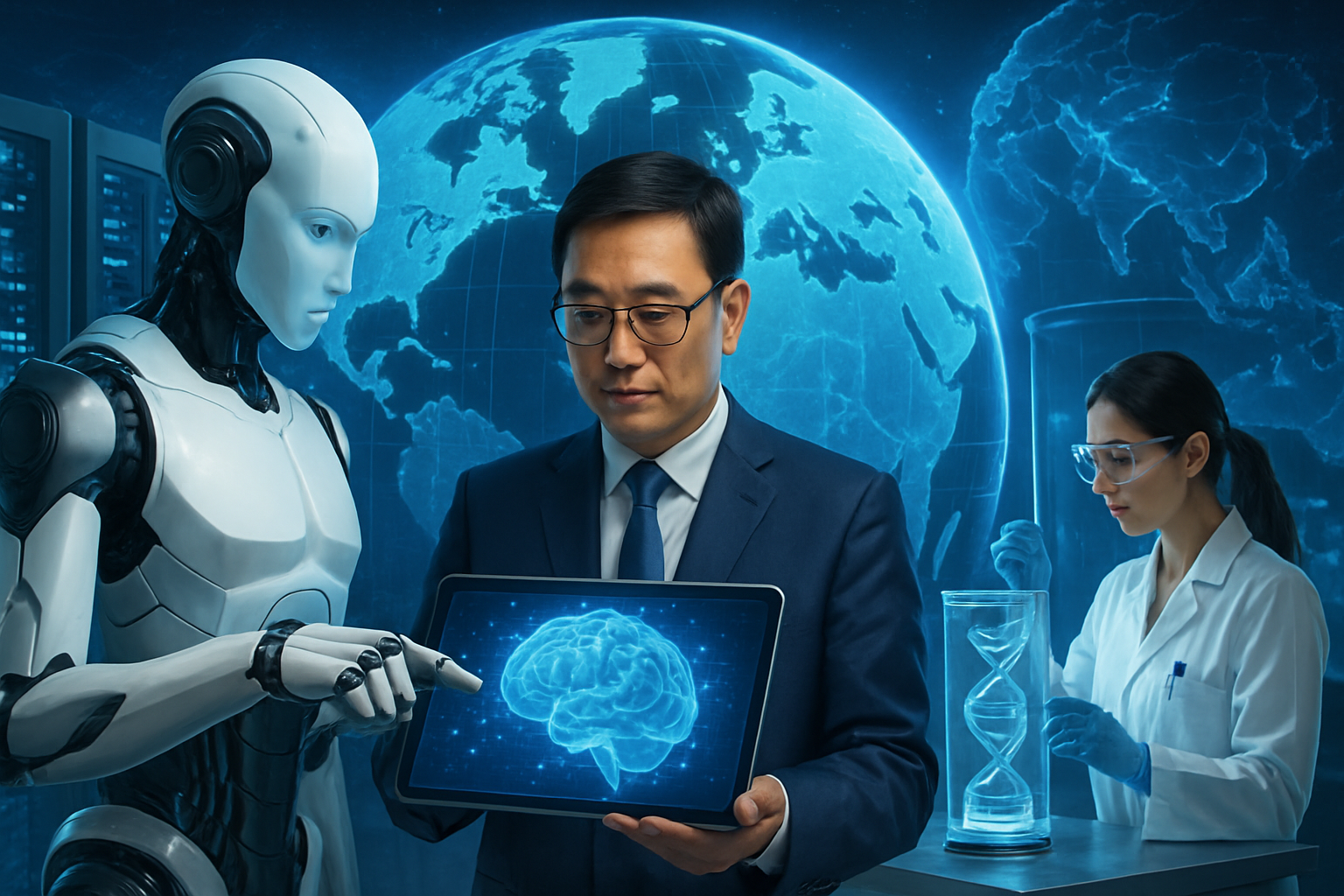 Ilustrasi futuristik yang menggambarkan kolaborasi teknologi tinggi, pusat data AI, dan inovasi bioteknologi dengan latar