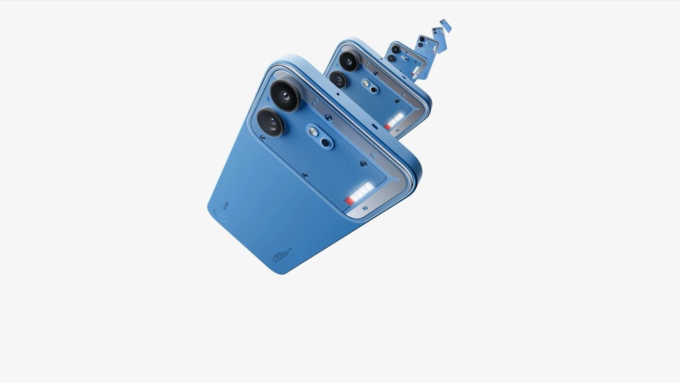 Nothing Phone 4b warna biru tampak belakang dengan Glyph Bar