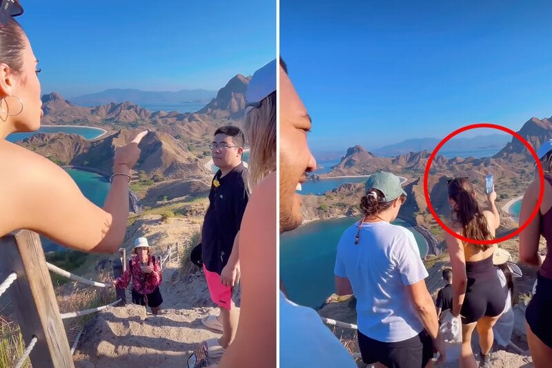 Still from viral Instagram reel: Australian travellers confront tourist accused of littering at Padar Island