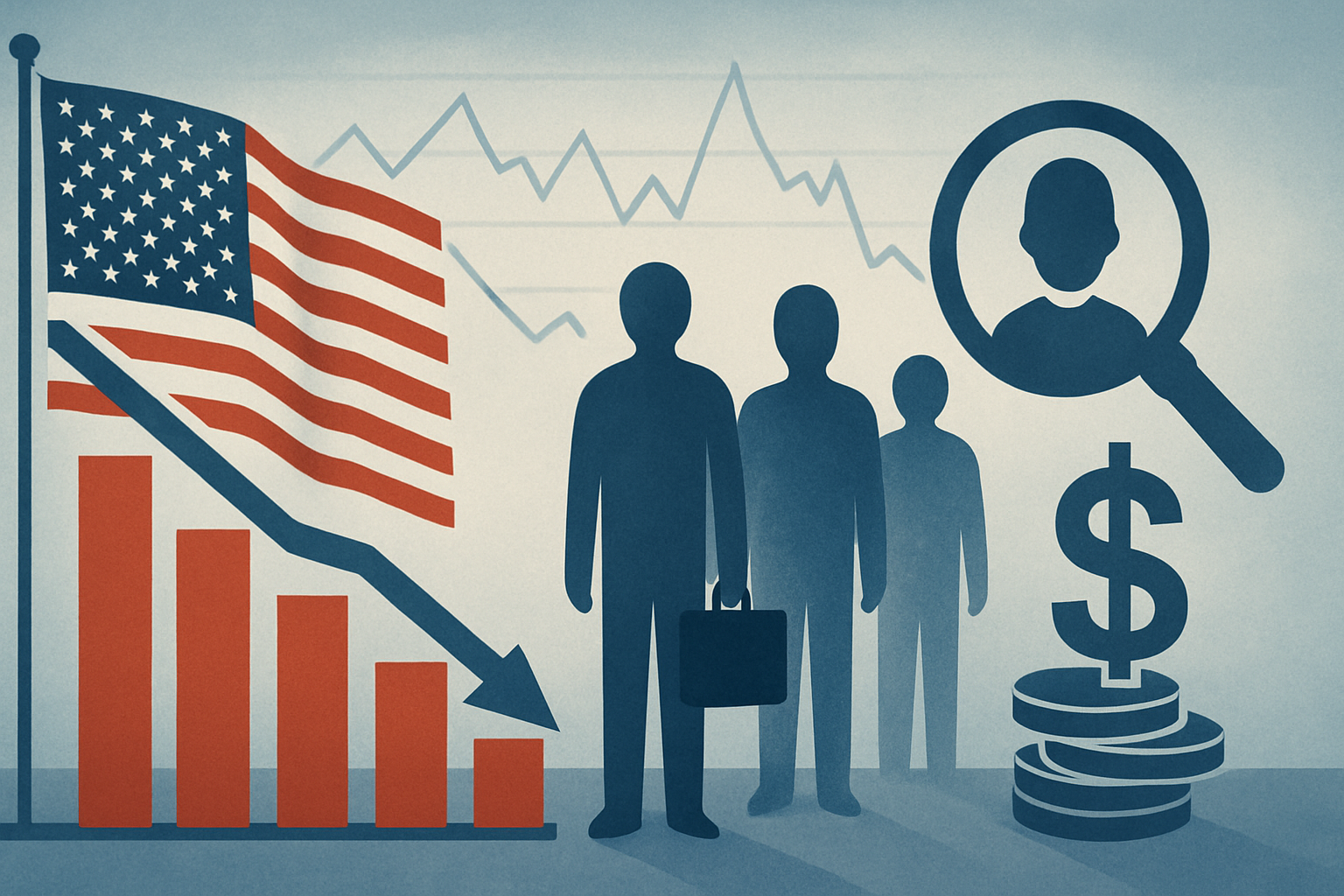 Ilustrasi digital pasar kerja Amerika Serikat dengan grafik statistik dan simbol ekonomi