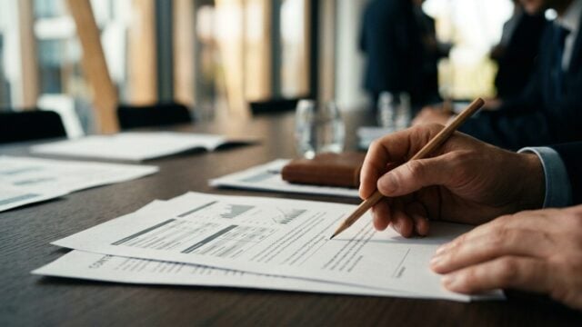 Dokumen obligasi dan proposal refinansialisasi di meja rapat korporat