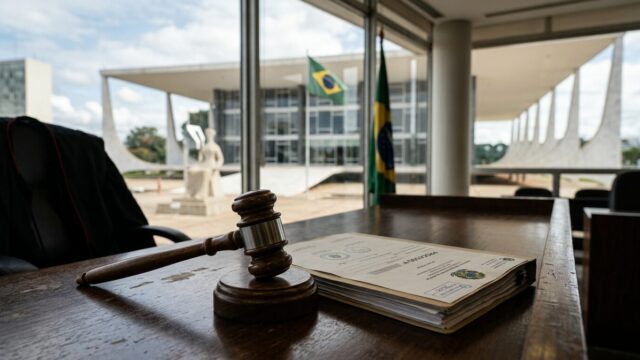 Gedung Pengadilan Brasil dengan palu hakim di meja persidangan dokumen resmi