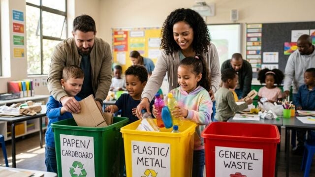 Anak-anak dan orang tua memilah sampah ke wadah hijau, kuning, dan merah di sekolah TK Bumi Patra