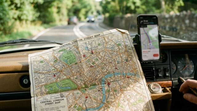 Peta jalan fisik terbuka di dashboard mobil dengan nuansa klasik