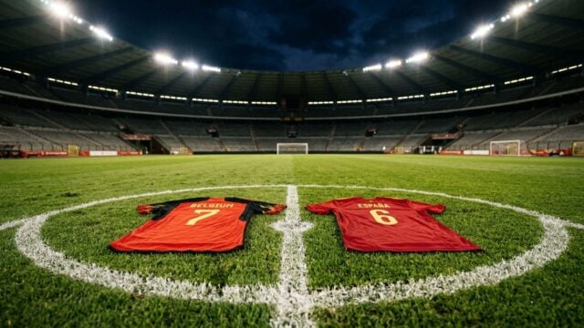 Jersey timnas Belgia dan Spanyol di lapangan stadion Piala Dunia 2026