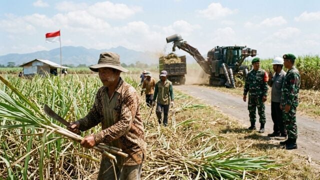 Panen raya tebu di lahan TNI dengan mesin pemanen dan pekerja, simbol keterlibatan TNI dalam program kemandirian pangan nasio