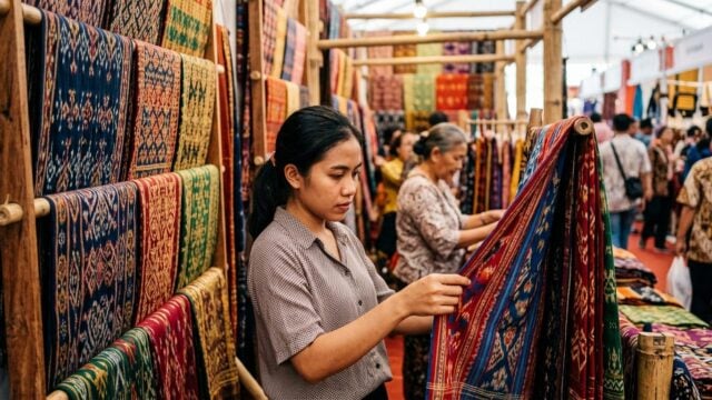 Standar pameran kerajinan wastra tenun cual Bangka Belitung dengan motif tradisional di acara nasional