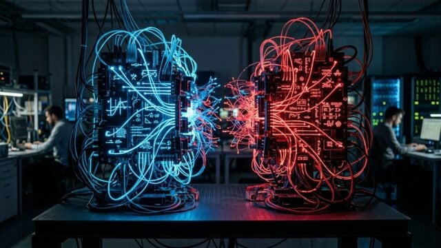 Visualisasi abstrak persaingan model AI dalam industri teknologi global