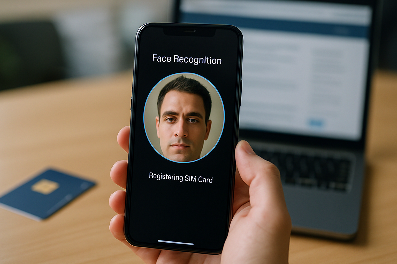 Tampilan layar ponsel yang sedang melakukan proses verifikasi wajah (face recognition) untuk aktivasi nomor seluler baru