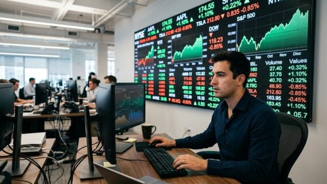 Grafik pergerakan saham dan angka transaksi di lantai bursa